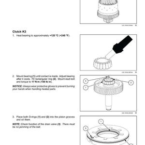 May include: Diagram of a powershift transmission clutch K3, with instructions for assembly. Includes illustrations of bearing, rings, and valves. Text includes temperature in Fahrenheit and torque in lb in.