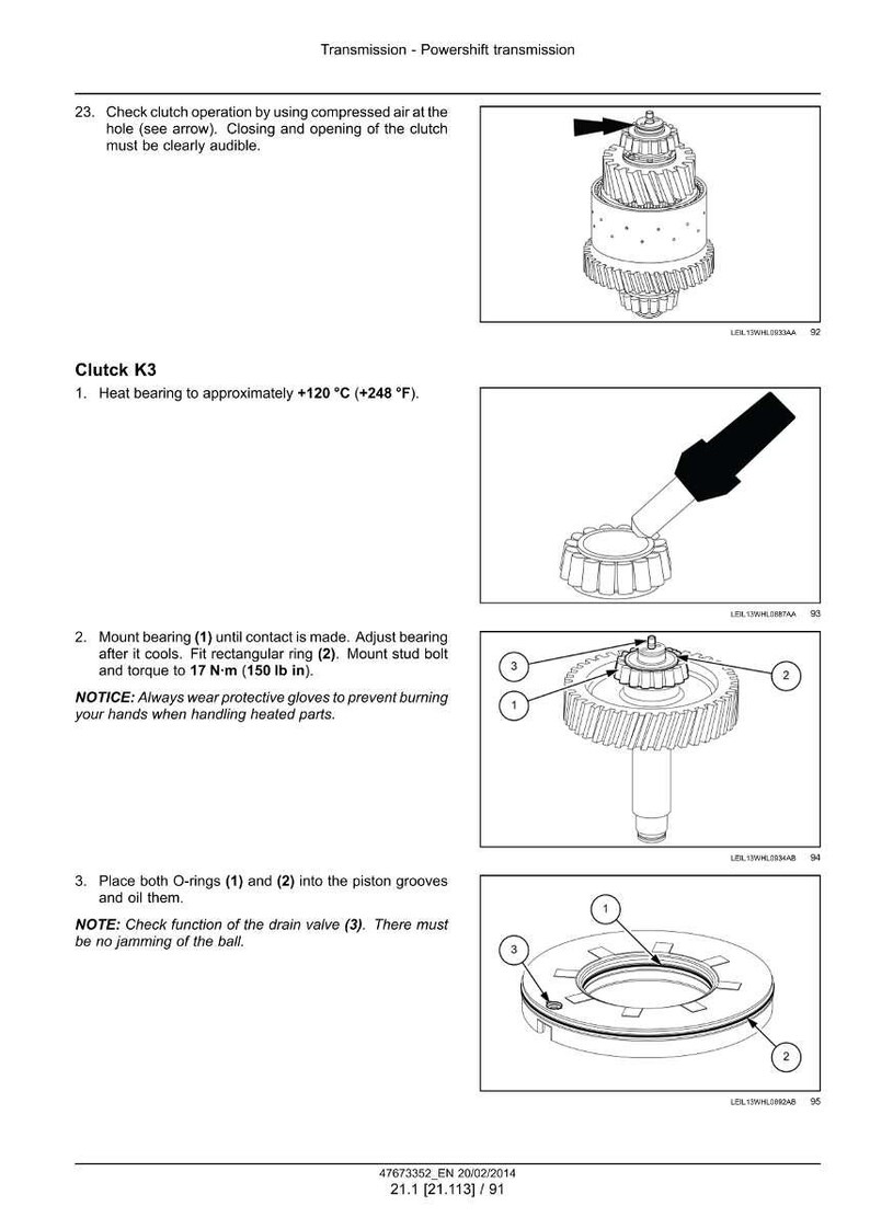 May include: Diagram of a powershift transmission clutch K3, with instructions for assembly. Includes illustrations of bearing, rings, and valves. Text includes temperature in Fahrenheit and torque in lb in.