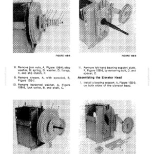 Pu&ograve; includere: Diagramma di un sistema di pulizia e riempimento del grano, con diverse illustrazioni dettagliate di componenti meccanici. Le immagini sono etichettate con figure e istruzioni per il montaggio e lo smontaggio, inclusi parti come rondelle, molle e alberi.
