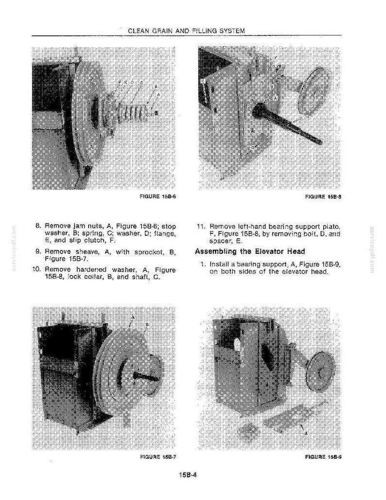 Pu&ograve; includere: Diagramma di un sistema di pulizia e riempimento del grano, con diverse illustrazioni dettagliate di componenti meccanici. Le immagini sono etichettate con figure e istruzioni per il montaggio e lo smontaggio, inclusi parti come rondelle, molle e alberi.