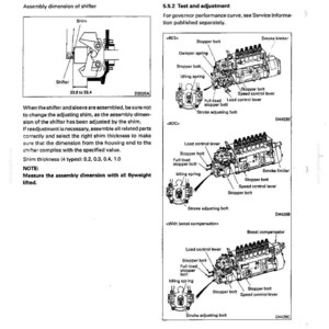 May include: A technical service manual page titled Fuel and Engine Control, featuring diagrams of a shifter assembly with a 33.0 to 33.4 dimension, and three engine governor configurations labeled 6D2, 8DC, and With boost compensator with labels.