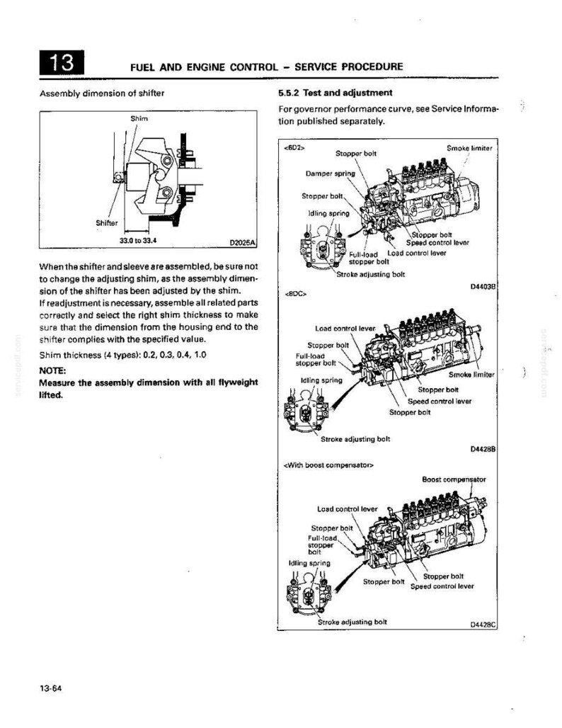 May include: A technical service manual page titled Fuel and Engine Control, featuring diagrams of a shifter assembly with a 33.0 to 33.4 dimension, and three engine governor configurations labeled 6D2, 8DC, and With boost compensator with labels.