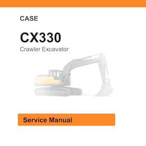 Op de afbeelding: Witte achtergrond met het woord "CASE" boven de tekst "CX330 Crawler Excavator". Een vervaagde afbeelding van een rupsgraafmachine staat in het midden. Daaronder staat een oranje rechthoek met de woorden "Service Manual".