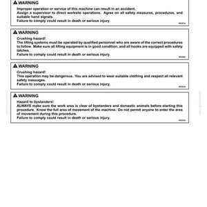 May include: A page from a manual titled "Transport Operations" with safety warnings about lifting machinery with a crane. The warnings are in black text on a white background, with red warning symbols.
