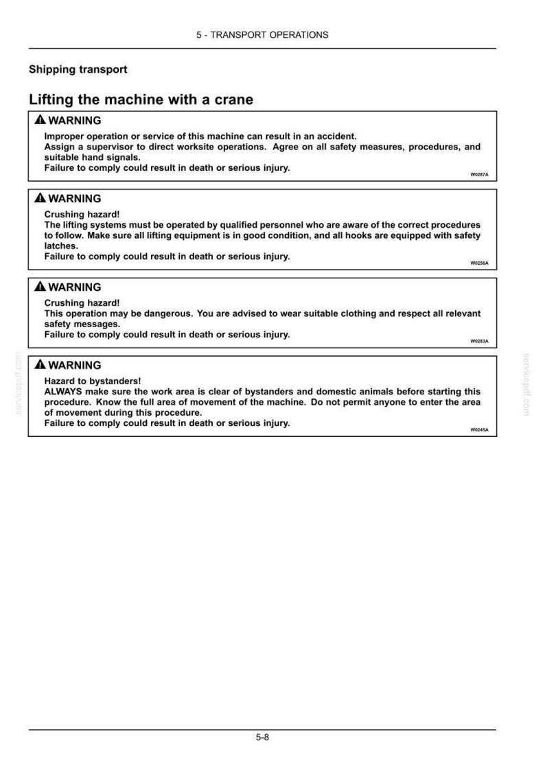 May include: A page from a manual titled "Transport Operations" with safety warnings about lifting machinery with a crane. The warnings are in black text on a white background, with red warning symbols.
