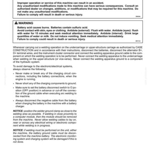 May include: A page from a maintenance manual with safety warnings about battery charging and welding. The text warns of dangers, including burns from battery acid, and provides instructions to prevent damage to electronic systems.