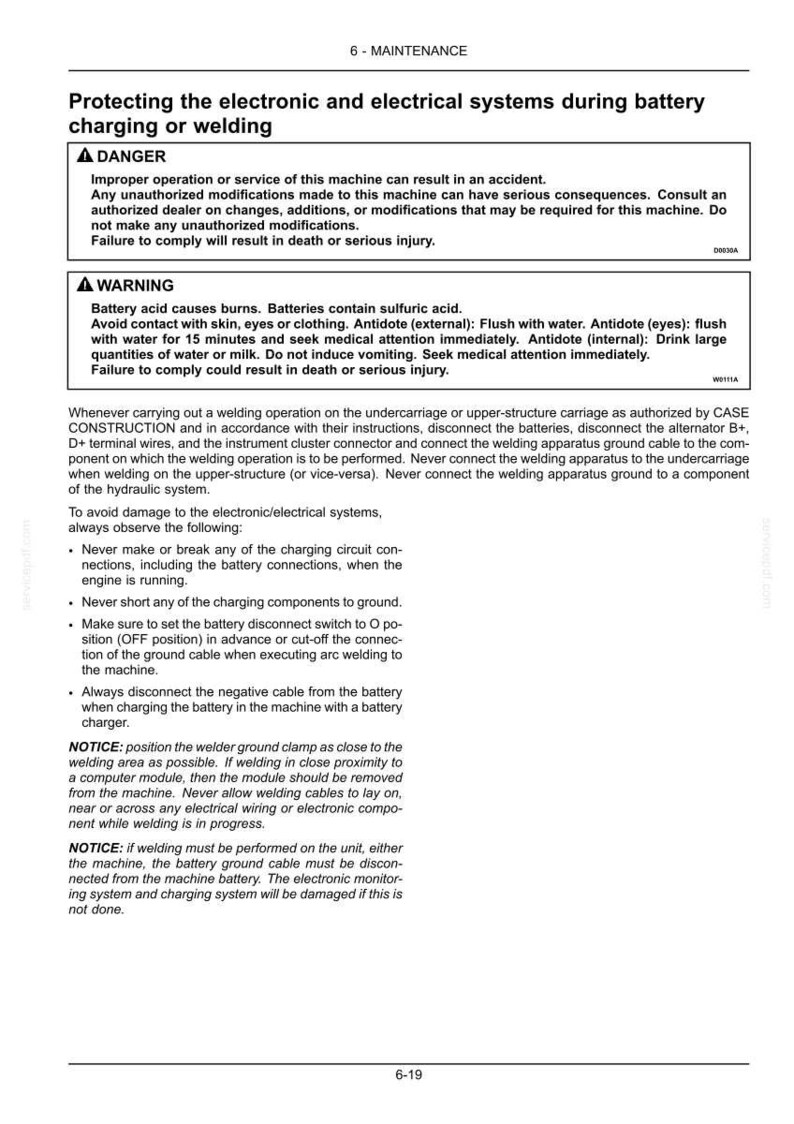 May include: A page from a maintenance manual with safety warnings about battery charging and welding. The text warns of dangers, including burns from battery acid, and provides instructions to prevent damage to electronic systems.