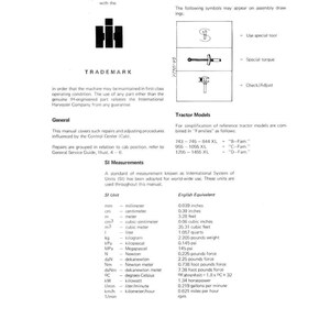 May include: A technical manual page with the "TRADEMARK" logo and symbols for tools. It includes a table of SI units with English equivalents, such as millimeters (0.039 inches) and kilograms (2.205 pounds).