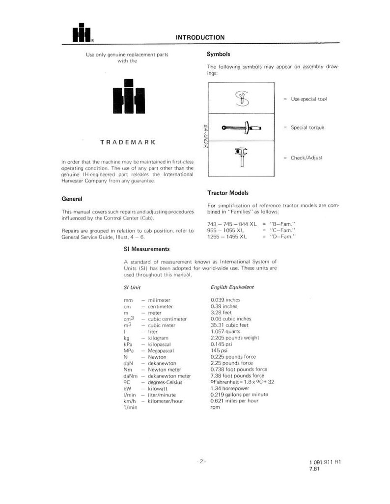 May include: A technical manual page with the "TRADEMARK" logo and symbols for tools. It includes a table of SI units with English equivalents, such as millimeters (0.039 inches) and kilograms (2.205 pounds).