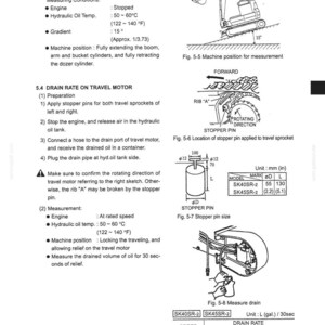 May include: Technical diagram from a manual detailing procedures for measuring movement drift and drain rate on a travel motor. Includes diagrams of machine positioning, stopper pin location, and stopper pin size, with measurements in inches and gallons.
