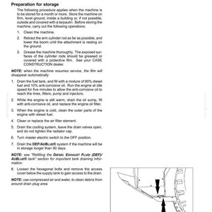 May include: A page from a maintenance manual with instructions for storing a machine. The text includes steps for cleaning, draining fluids, and preparing the equipment for long-term storage. A diagram shows the location of a drain plug.