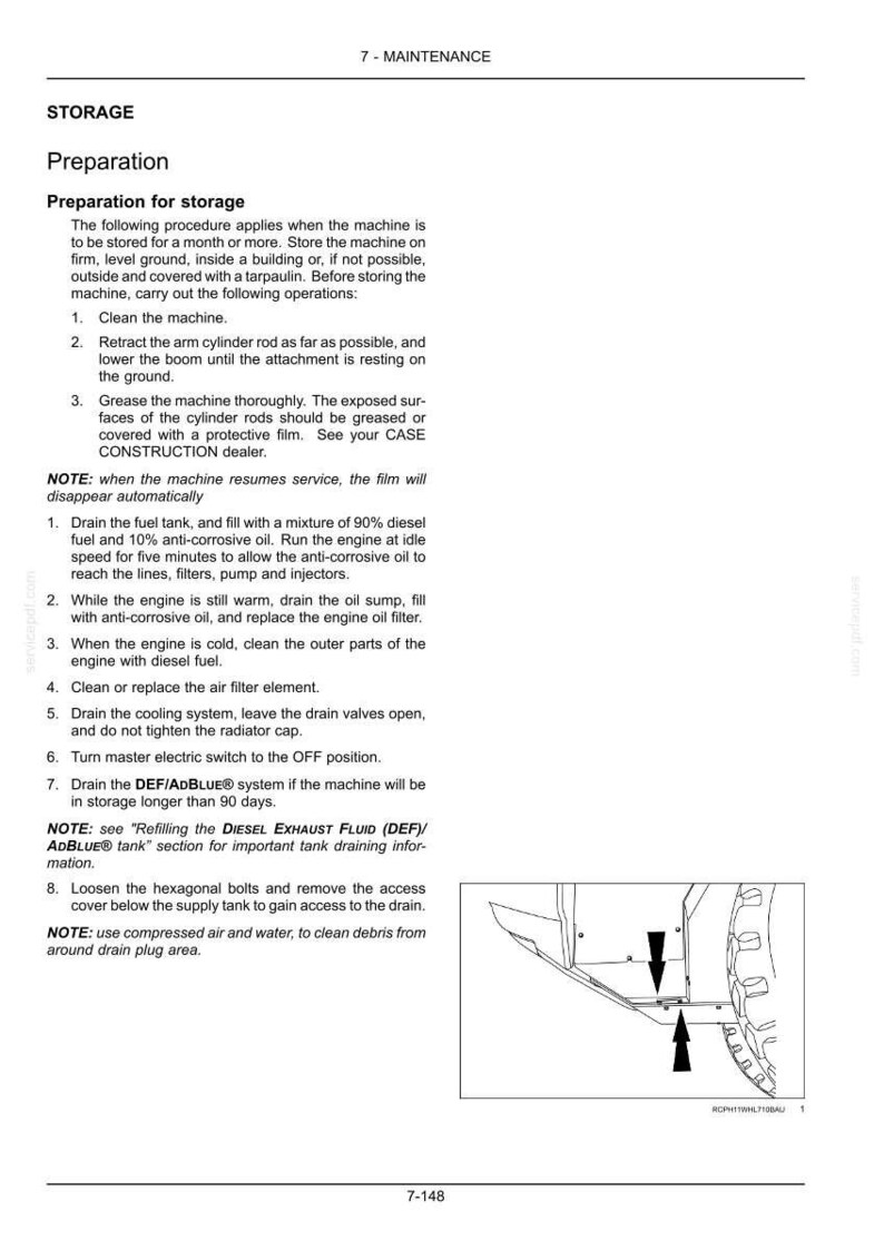 May include: A page from a maintenance manual with instructions for storing a machine. The text includes steps for cleaning, draining fluids, and preparing the equipment for long-term storage. A diagram shows the location of a drain plug.