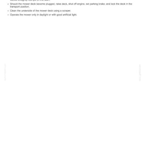 May include: A white document page titled 3 - WORKING OPERATIONS containing black text instructions for lawn mower maintenance. The text details mowing conditions, deck cleaning procedures, and safety requirements for operating the mower in daylight.