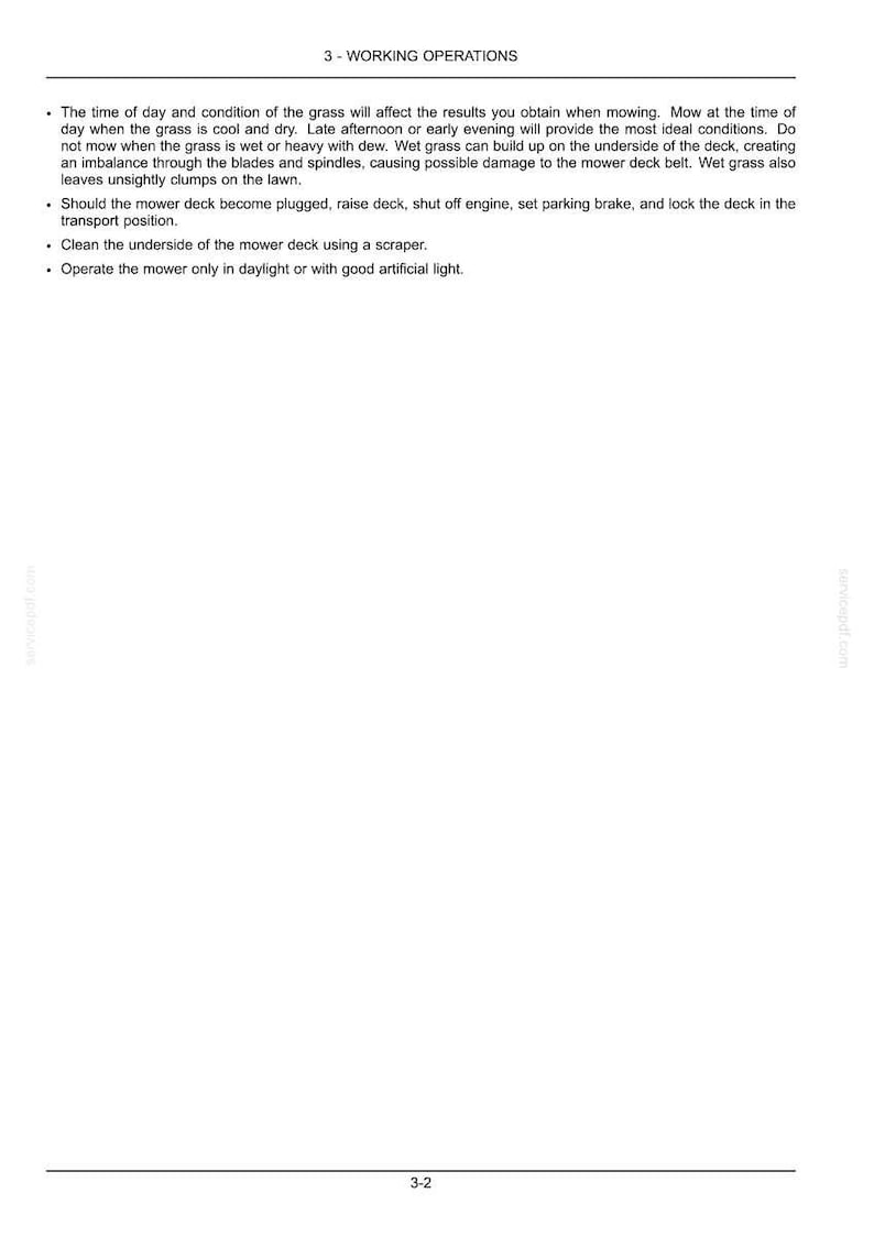 May include: A white document page titled 3 - WORKING OPERATIONS containing black text instructions for lawn mower maintenance. The text details mowing conditions, deck cleaning procedures, and safety requirements for operating the mower in daylight.