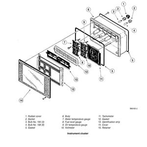 May include: An exploded diagram of an instrument cluster, featuring components like a rubber cover, sockets, bulbs, gaskets, and gauges. The diagram includes a water temperature gauge, fuel level gauge, oil temperature gauge, and a voltmeter. The text "Instrument cluster" is also present.