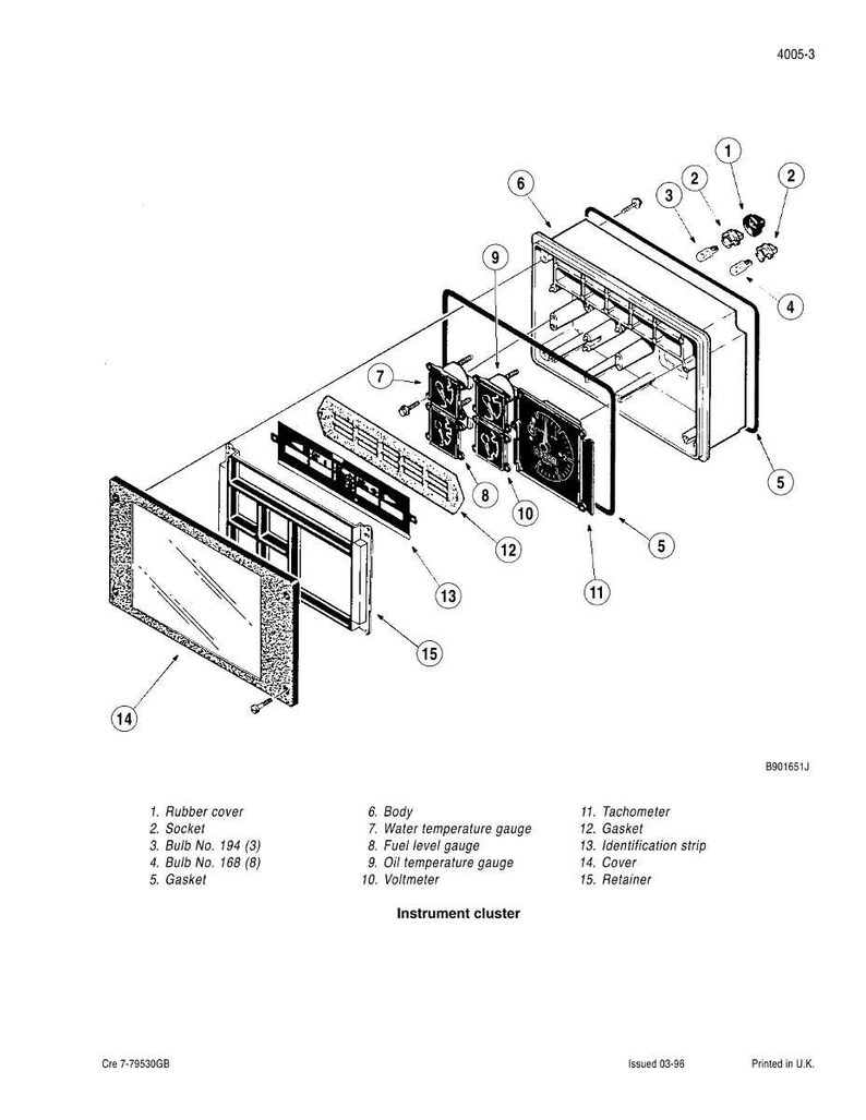 May include: An exploded diagram of an instrument cluster, featuring components like a rubber cover, sockets, bulbs, gaskets, and gauges. The diagram includes a water temperature gauge, fuel level gauge, oil temperature gauge, and a voltmeter. The text "Instrument cluster" is also present.