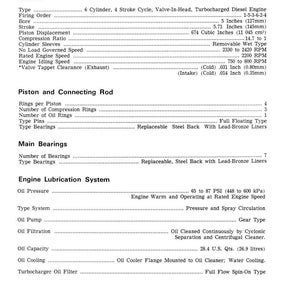 May include: A detailed technical diagram of a diesel engine, featuring specifications such as bore (5 inches), stroke (5.71 inches), and piston displacement (674 cubic inches). The document includes information on the engine's type, firing order, and lubrication system.