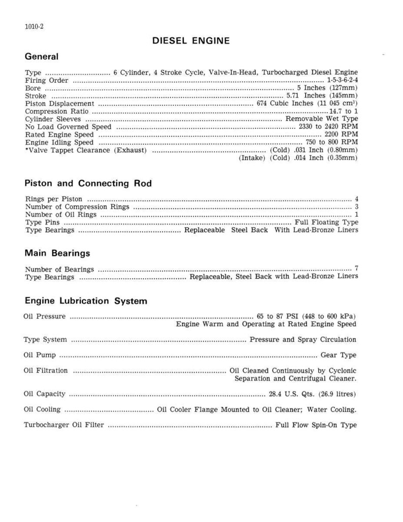 May include: A detailed technical diagram of a diesel engine, featuring specifications such as bore (5 inches), stroke (5.71 inches), and piston displacement (674 cubic inches). The document includes information on the engine's type, firing order, and lubrication system.