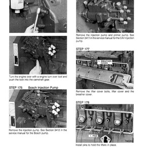 May include: A grayscale image from a manual showing engine repair steps. The steps include removing and installing parts like the injection pump, breather cover, and pins. Text includes "STEP 174", "STEP 175", "STEP 176", "STEP 177", and "STEP 178".