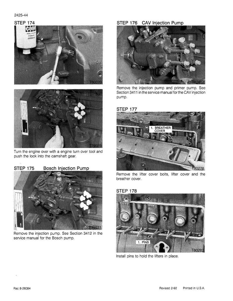 May include: A grayscale image from a manual showing engine repair steps. The steps include removing and installing parts like the injection pump, breather cover, and pins. Text includes "STEP 174", "STEP 175", "STEP 176", "STEP 177", and "STEP 178".