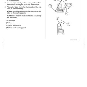 K&ouml;nnte beinhalten: Diagramm aus einem Handbuch, das Transportvorg&auml;nge f&uuml;r schwere Maschinen zeigt. Das Bild enth&auml;lt eine Skizze eines Baggers mit beschrifteten Punkten f&uuml;r Drahtseil, Abst&uuml;tzung, Ausleger-Hebe-Punkt und Schild-Hebe-Punkt. Textanweisungen sind ebenfalls enthalten.
