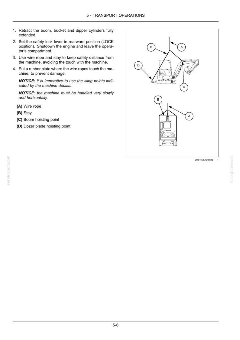 K&ouml;nnte beinhalten: Diagramm aus einem Handbuch, das Transportvorg&auml;nge f&uuml;r schwere Maschinen zeigt. Das Bild enth&auml;lt eine Skizze eines Baggers mit beschrifteten Punkten f&uuml;r Drahtseil, Abst&uuml;tzung, Ausleger-Hebe-Punkt und Schild-Hebe-Punkt. Textanweisungen sind ebenfalls enthalten.