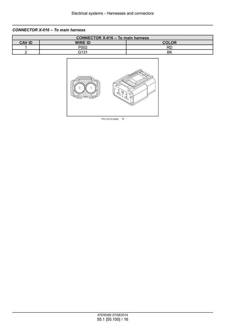 May include: Diagram of an electrical connector, labeled "CONNECTOR X-016 - To main harness." The diagram includes a table with "CAV ID," "WIRE ID," and "COLOR" columns. Two detailed illustrations of the connector are shown.