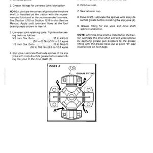 May include: A technical diagram titled "DRIVE SHAFTS" with instructions for universal joints, grease fittings, and slip yokes. Includes measurements in lb ft and Nm, and an inset diagram of a grease fitting.
