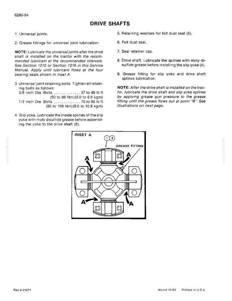 May include: A technical diagram titled "DRIVE SHAFTS" with instructions for universal joints, grease fittings, and slip yokes. Includes measurements in lb ft and Nm, and an inset diagram of a grease fitting.