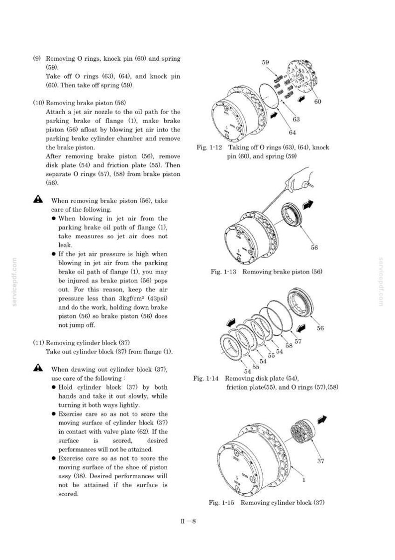 May include: Diagrams and instructions for removing and replacing parts of a mechanical system. Includes illustrations of O-rings, brake pistons, cylinder blocks, and other components. Text includes measurements in psi.