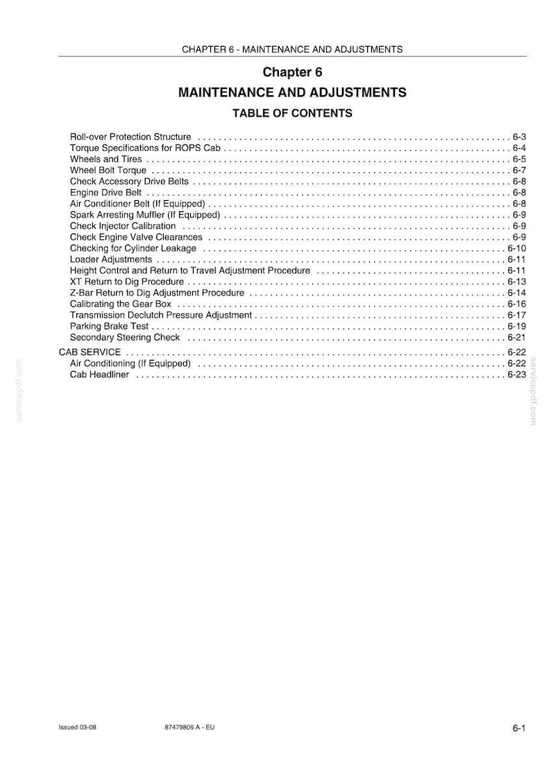 Puede incluir: Una p&aacute;gina de manual titulada "Cap&iacute;tulo 6 - Mantenimiento y Ajustes". La tabla de contenidos enumera temas como "Ruedas y neum&aacute;ticos", "Correa de transmisi&oacute;n del motor" y "Aire acondicionado (si est&aacute; equipado)".