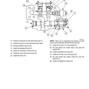 Op de afbeelding: Gedetailleerde diagram van een mechanisch onderdeel, met doorsneden van interne onderdelen. Voorzien van nummers en montage-instructies, inclusief O-ringen, veren en kleppen. De tekst bevat montage-opmerkingen en installatiestappen.