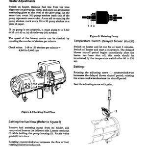 May include: Diagram of a metering pump and temperature switch with instructions for heater adjustments. Includes figures for checking fuel flow and temperature switch adjustment, with measurements in cm&sup3;.