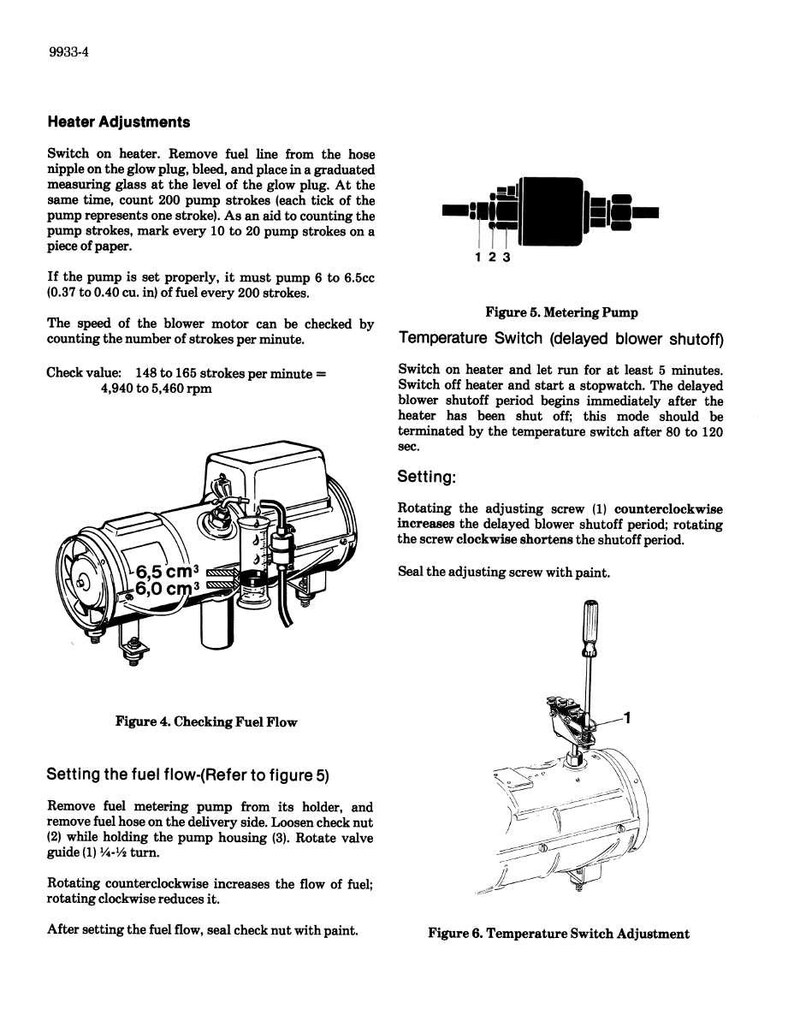 May include: Diagram of a metering pump and temperature switch with instructions for heater adjustments. Includes figures for checking fuel flow and temperature switch adjustment, with measurements in cm&sup3;.