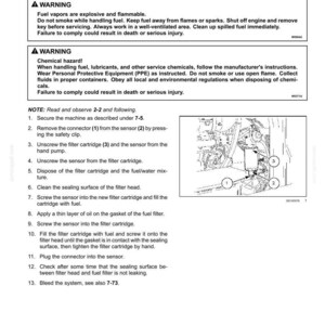 Puede incluir: P&aacute;gina de un manual de mantenimiento con instrucciones para cambiar el prefiltro de combustible. Incluye advertencias de seguridad sobre vapores de combustible y riesgos qu&iacute;micos. Diagramas muestran el filtro y componentes relacionados.