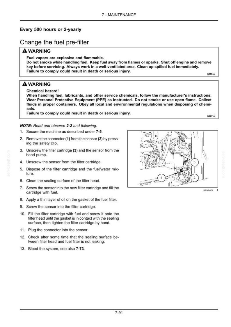 Puede incluir: P&aacute;gina de un manual de mantenimiento con instrucciones para cambiar el prefiltro de combustible. Incluye advertencias de seguridad sobre vapores de combustible y riesgos qu&iacute;micos. Diagramas muestran el filtro y componentes relacionados.