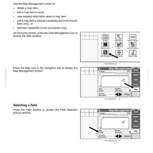 May include: A technical manual page titled 4 - OPERATION, detailing Map management instructions. It includes text explaining how to delete, edit, and view map items, alongside two diagrams showing screen interfaces with icons, arrows, and buttons.