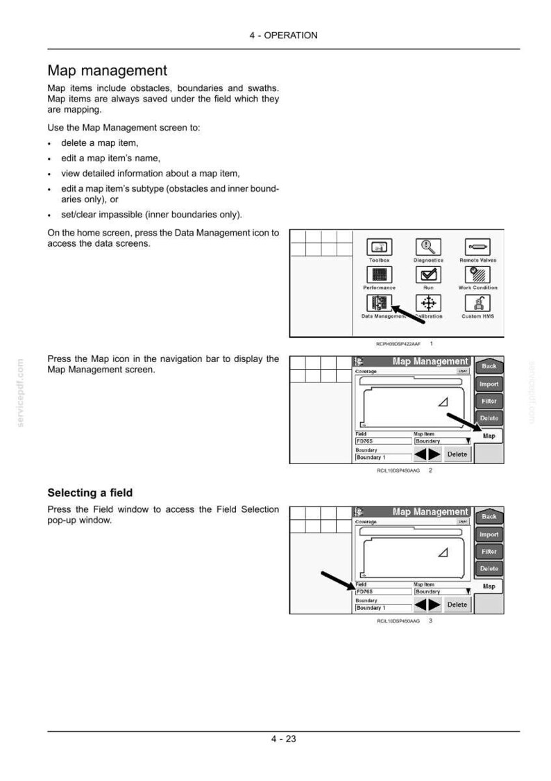May include: A technical manual page titled 4 - OPERATION, detailing Map management instructions. It includes text explaining how to delete, edit, and view map items, alongside two diagrams showing screen interfaces with icons, arrows, and buttons.