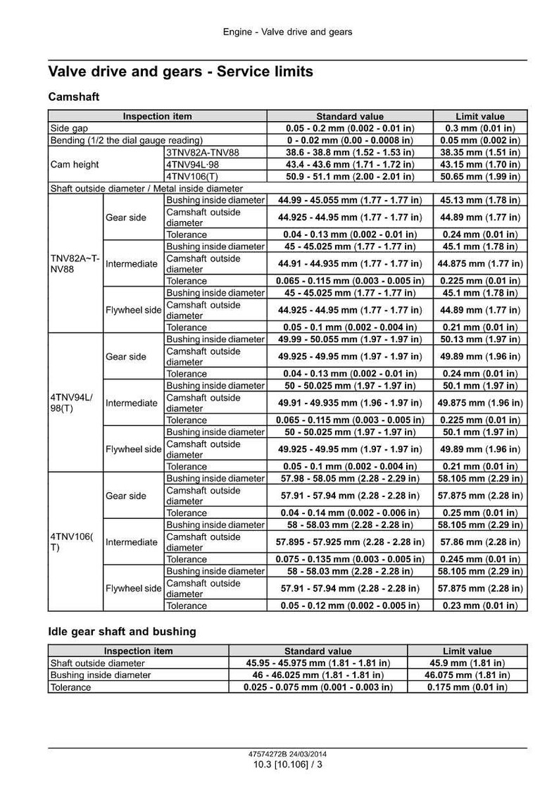 May include: A detailed chart with specifications for valve drive and gears, including measurements for camshaft and idle gear shaft components. Measurements are in inches and millimeters.