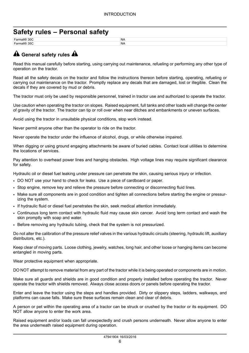 Puede incluir: Documento blanco con texto negro que detalla las normas de seguridad del tractor. El documento incluye secciones sobre seguridad personal, seguridad general e instrucciones espec&iacute;ficas para operar y mantener el tractor. El documento tambi&eacute;n incluye una fecha y un n&uacute;mero de p&aacute;gina.