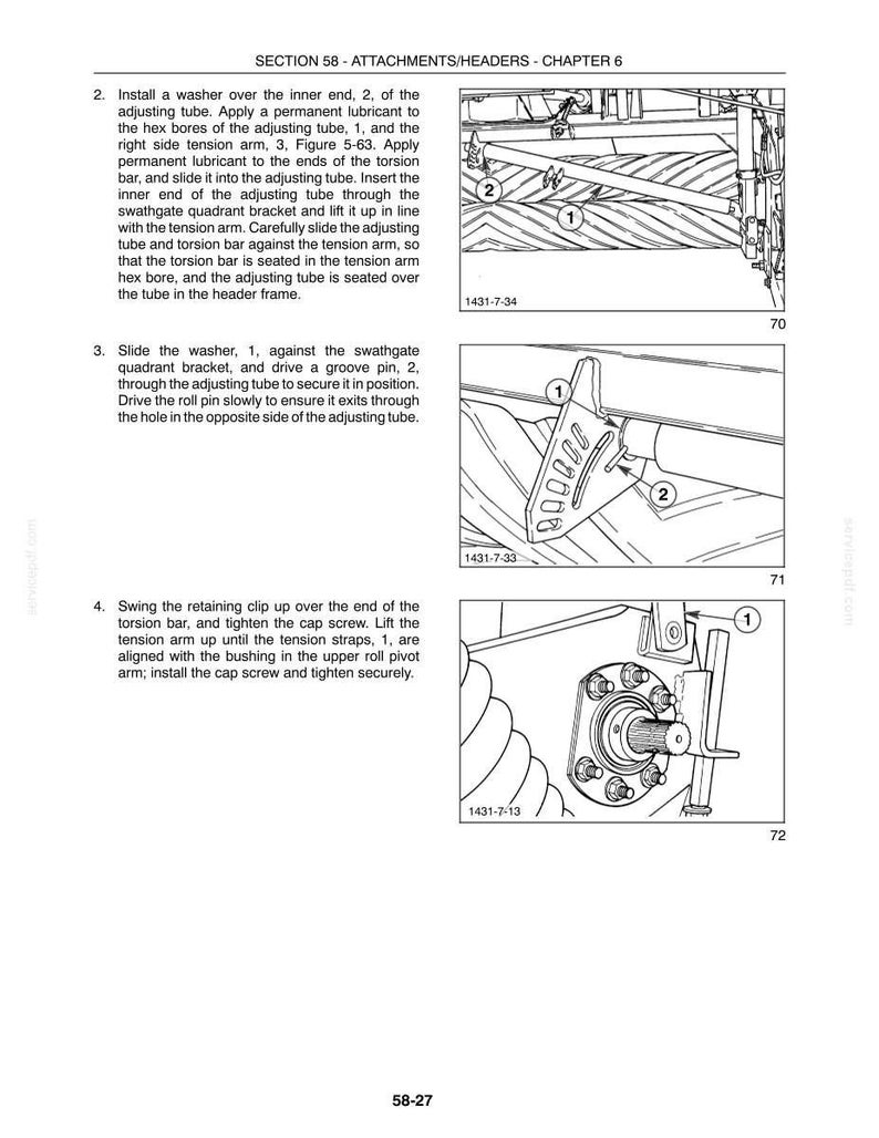 May include: A technical manual page titled SECTION 58 - ATTACHMENTS/HEADERS - CHAPTER 6, featuring three black and white line drawings labeled 70, 71, and 72. The diagrams illustrate mechanical assembly steps for agricultural equipment components.
