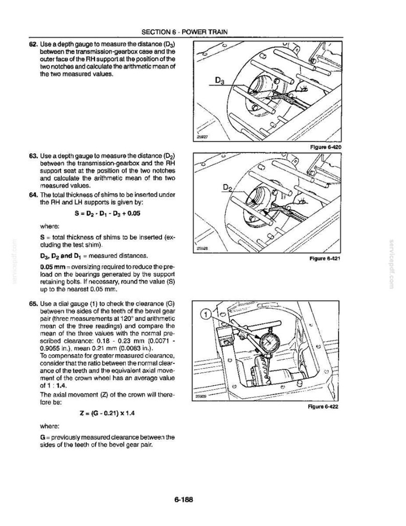 May include: A technical manual page titled SECTION 6 - POWER TRAIN featuring three diagrams. Figures 6-420 and 6-421 show depth gauge measurements labeled D3 and D2. Figure 6-422 shows a dial gauge measuring bevel gear tooth clearance.