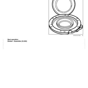 Op de afbeelding: Een illustratie van een hydraulische service remcomponent, met een cirkelvormig ontwerp met meerdere boutgaten. De afbeelding bevat de tekst "Brakes and controls - Hydraulic service brakes" en instructies.