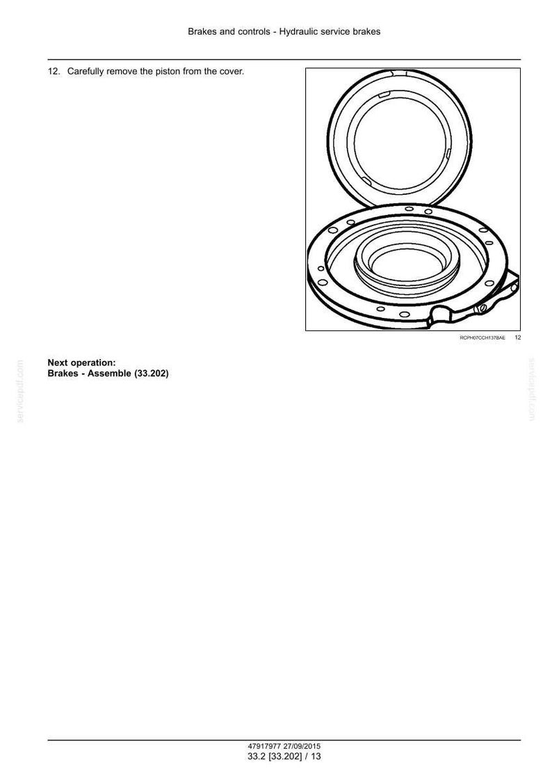 Op de afbeelding: Een illustratie van een hydraulische service remcomponent, met een cirkelvormig ontwerp met meerdere boutgaten. De afbeelding bevat de tekst "Brakes and controls - Hydraulic service brakes" en instructies.