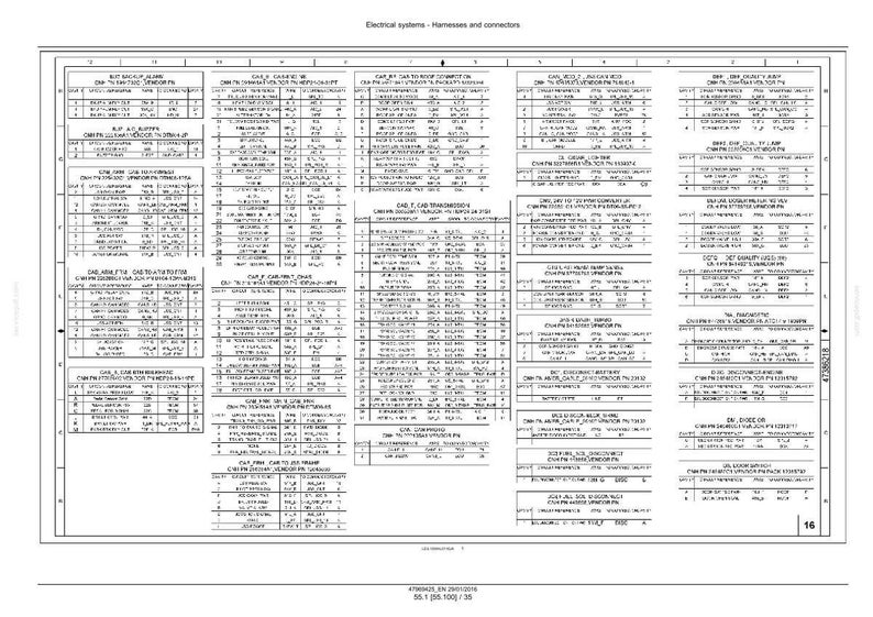 May include: A detailed technical diagram titled "Electrical systems - Harnesses and connectors." The diagram is filled with rows and columns of text and numbers, likely detailing electrical components and their specifications. The page number is 16.