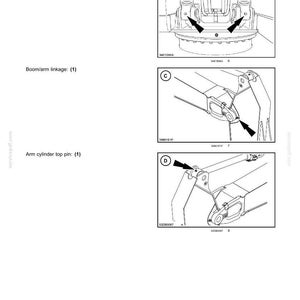 Puede incluir: Diagrama de un manual de mantenimiento que muestra ilustraciones de componentes de maquinaria. La imagen incluye etiquetas para "Pasador inferior del cilindro de la pluma", "Enlace pluma/brazo" y "Pasador superior del cilindro del brazo".
