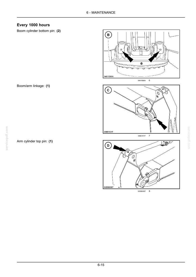 Puede incluir: Diagrama de un manual de mantenimiento que muestra ilustraciones de componentes de maquinaria. La imagen incluye etiquetas para "Pasador inferior del cilindro de la pluma", "Enlace pluma/brazo" y "Pasador superior del cilindro del brazo".
