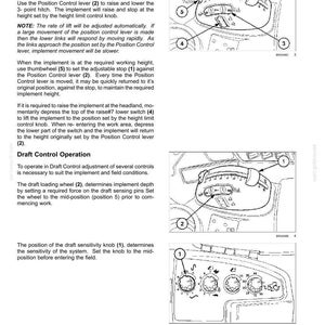 Puede incluir: Una p&aacute;gina de manual t&eacute;cnico titulada 6-WORKING OPERATIONS con dibujos lineales en blanco y negro de palancas de control, ruedas de ajuste y diales numerados de un tractor. El texto detalla las operaciones de control de posici&oacute;n.