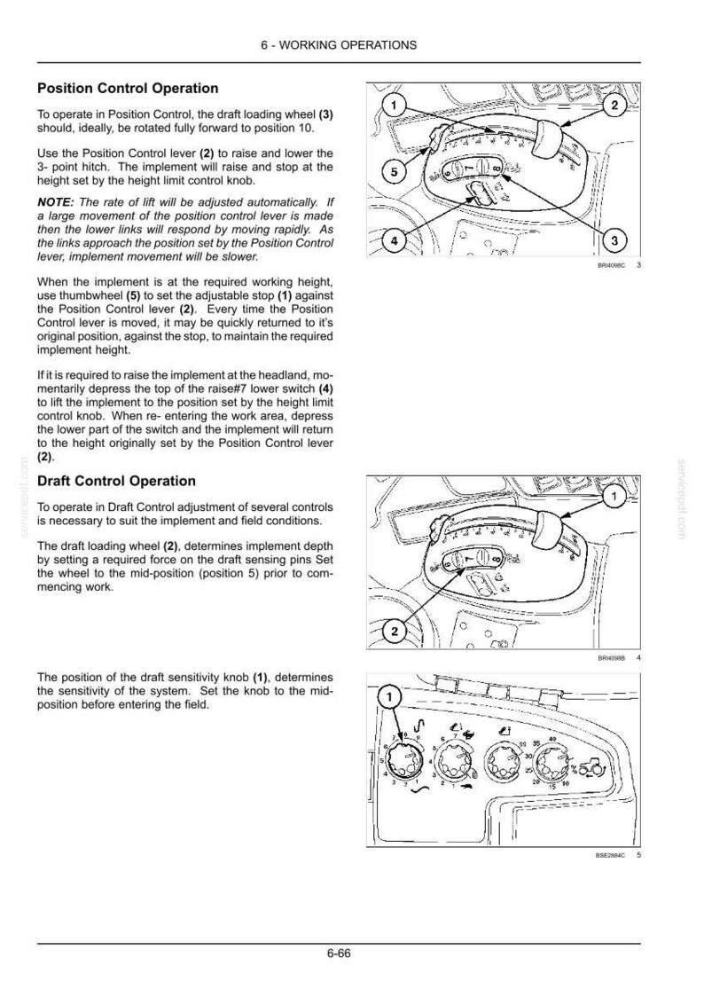 Puede incluir: Una p&aacute;gina de manual t&eacute;cnico titulada 6-WORKING OPERATIONS con dibujos lineales en blanco y negro de palancas de control, ruedas de ajuste y diales numerados de un tractor. El texto detalla las operaciones de control de posici&oacute;n.