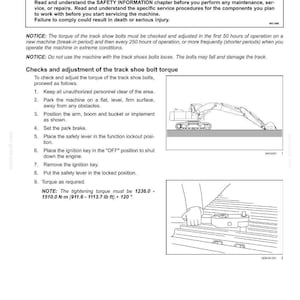 May include: A page from a maintenance manual detailing track shoe bolt torque checks. The text includes safety warnings, instructions, and a diagram of an excavator. The tightening torque is specified as 1236.0 - 1510.0 N-m (911.6 - 1113.7 lb ft). + 120&deg;.